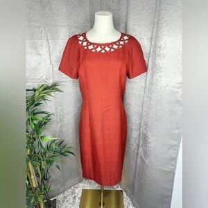 NWT KASPER A.S.L Red-Orange Cutout Neck Short Sleeve Sheath Midi Dress Sz 10